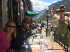 View of Mom and Collin in downtown Telluride. What a beautiful downtown. In the background you can see a huge waterfall